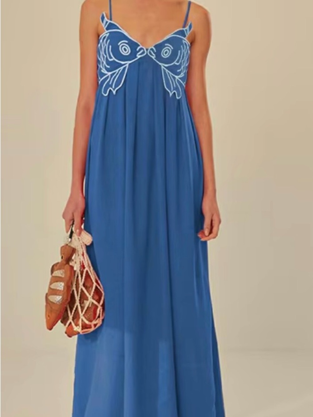 Blue Embroidered Spaghetti-Strap Maxi Dress - Women's